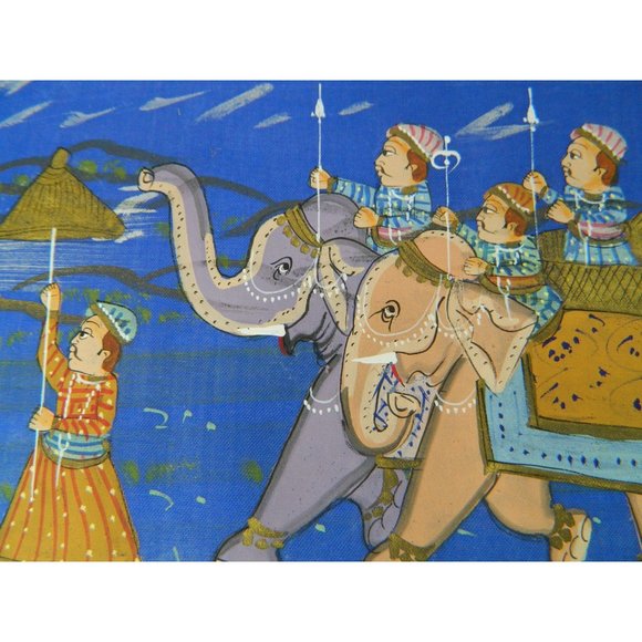 Blue Silk Elephant Folk Art Asian Silkscreen Print 12" X 9" - Picture 12 of 12
